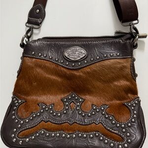 Trinity Ranch Genuine Hair-On Cowhide Crossbody with Silver Accents